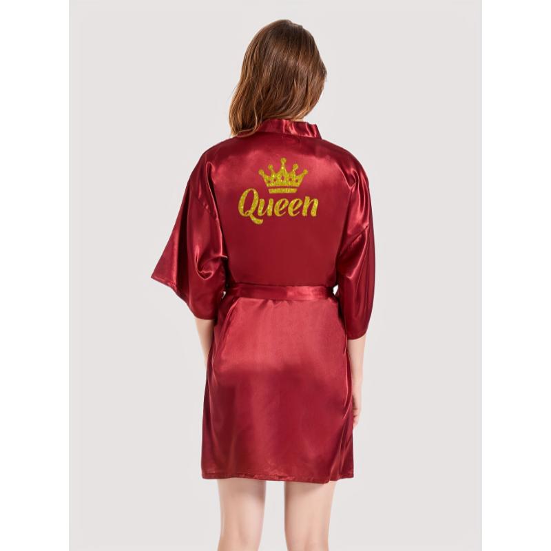 Queenly Chic - 3 4 Sleeve V-Neck Night Robe with Belt, Soft Womens Sleepwear featuring Letter Pattern for a Stylish Evening Comfort