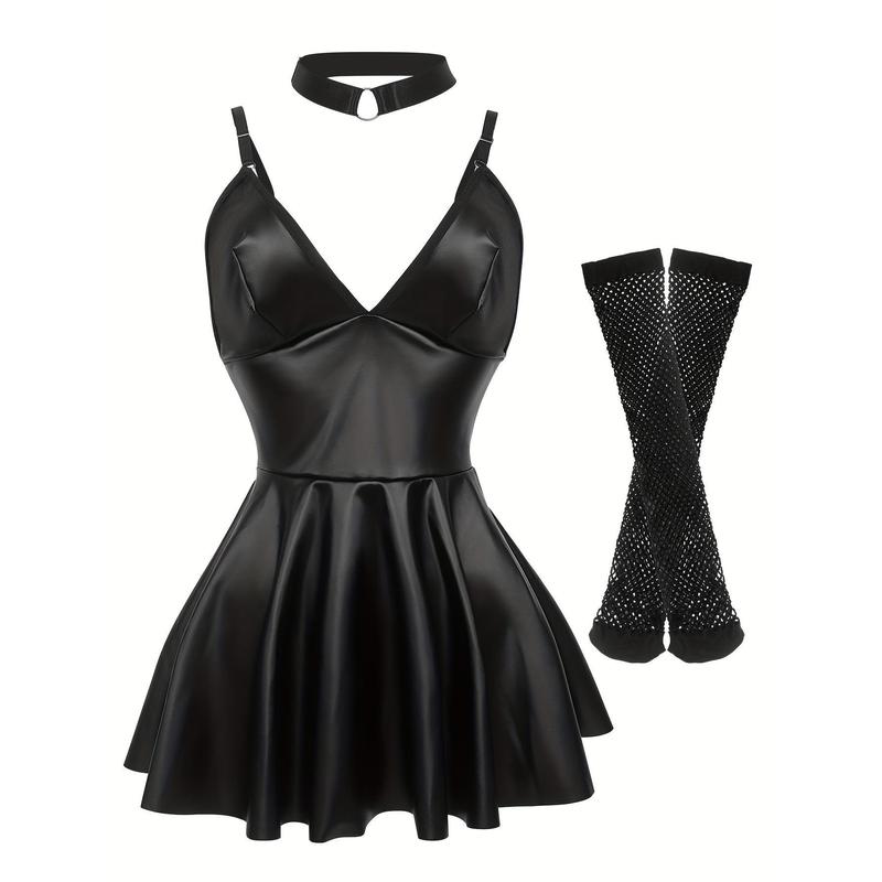 Women's black leather dress set, sexy women's dress, stockings, neck set, lovers sexy dress set, comfortable and breathable, suitable for all seasons