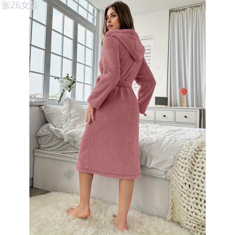 Women'S Plus Size Hooded Bathrobe, Polyester, V-Neck, Stretch Fabric, Solid Color, Long Sleeves, with Belt, Autumn Winter Home Robe, Knit (Hook) Womenswear Collar Womenswear Collar