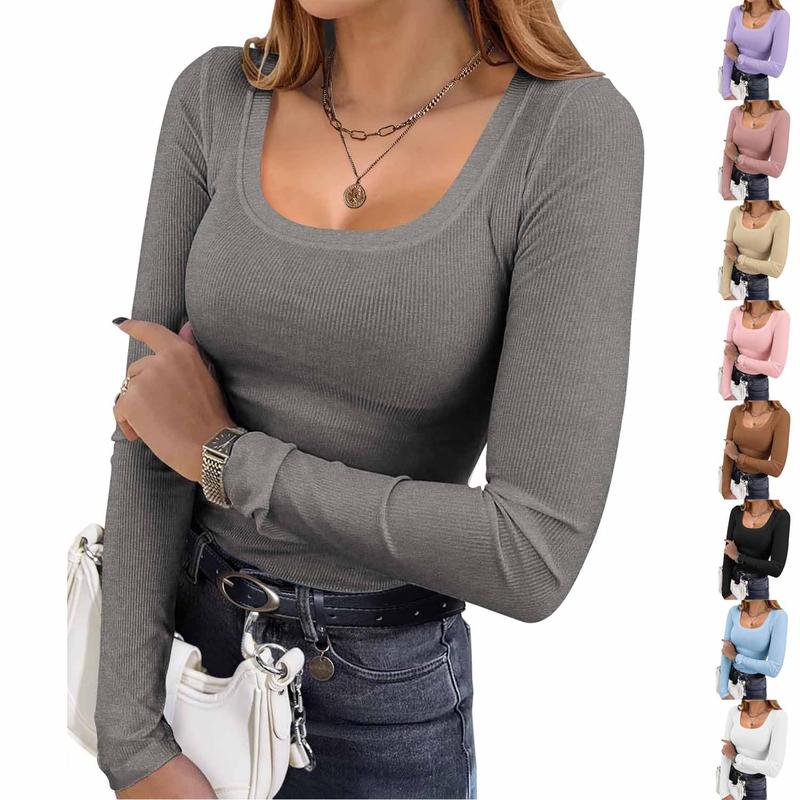 Womens Long Sleeve Shirts Square Neck Slim Fit Basic Tops Ribbed Thermal Undershirts Layering Tee