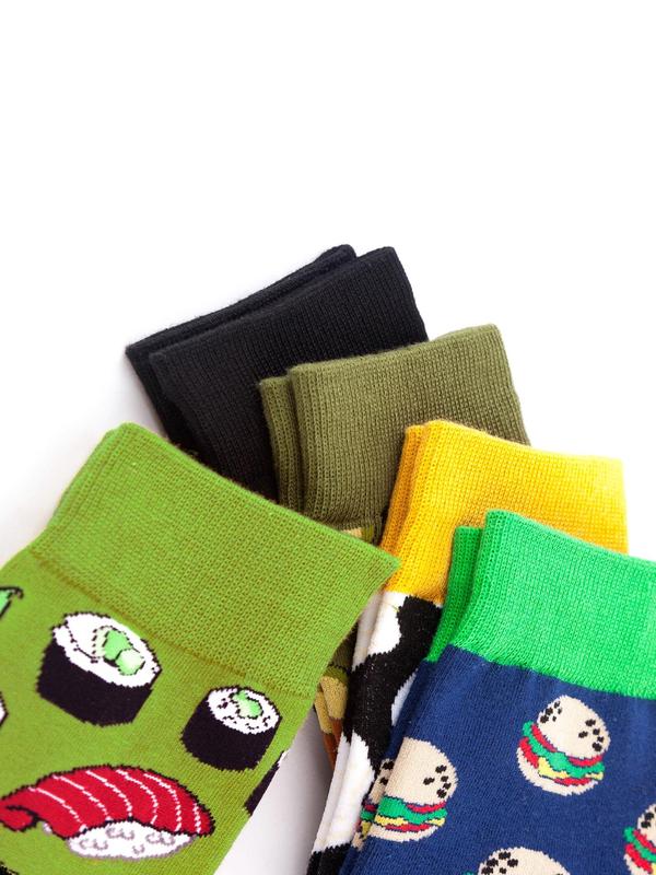 Women's 5 Pairs Cartoon Food Print Crew Socks, Fashion Casual Socks for Daily Outdoor Wear, Women Socks for All Seasons