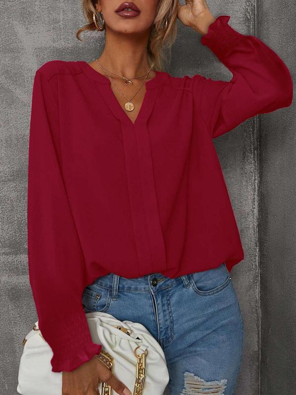 Women's Plain V Neck Long Sleeve Blouse, Casual Solid Top for Fall & Winter, Women's Clothing for Daily Wear