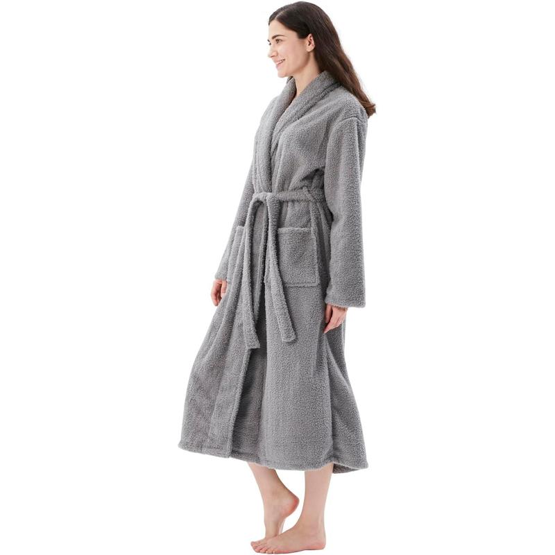 Women's Fleece Bathrobe Shawl Collar and Hooded,Lounge Sleepwear Robe Side Pockets