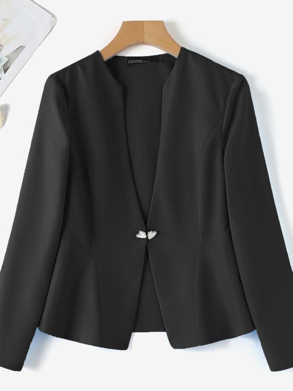 Women's Solid Long Sleeve Blazer, Elegant  Buckle Front Outerwear for Work Office Business, Ladies Clothes for All Seasons