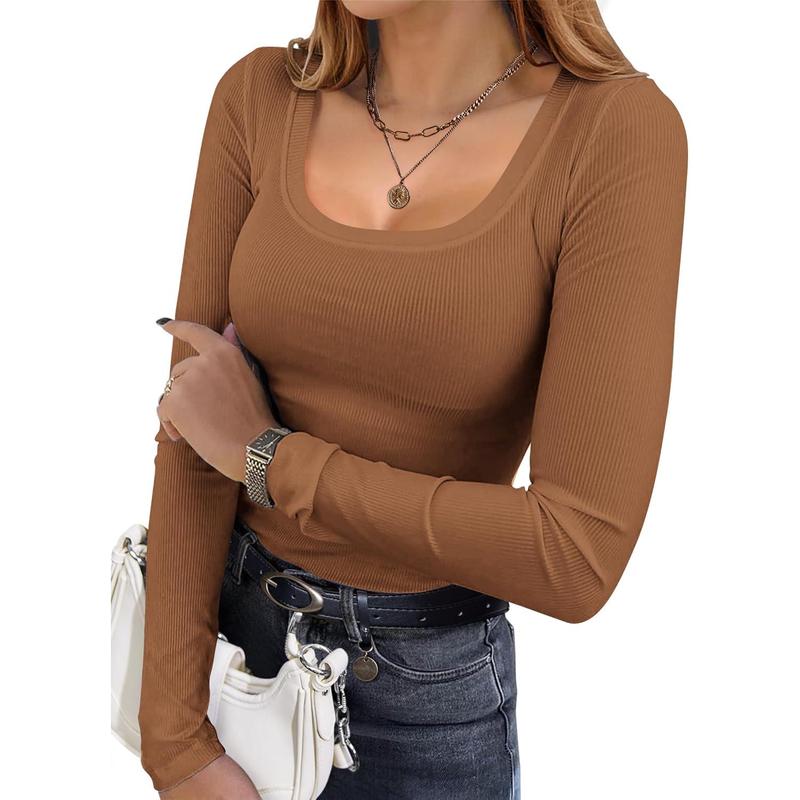 Womens Long Sleeve Shirts Square Neck Slim Fit Basic Tops Ribbed Thermal Undershirts Layering Tee