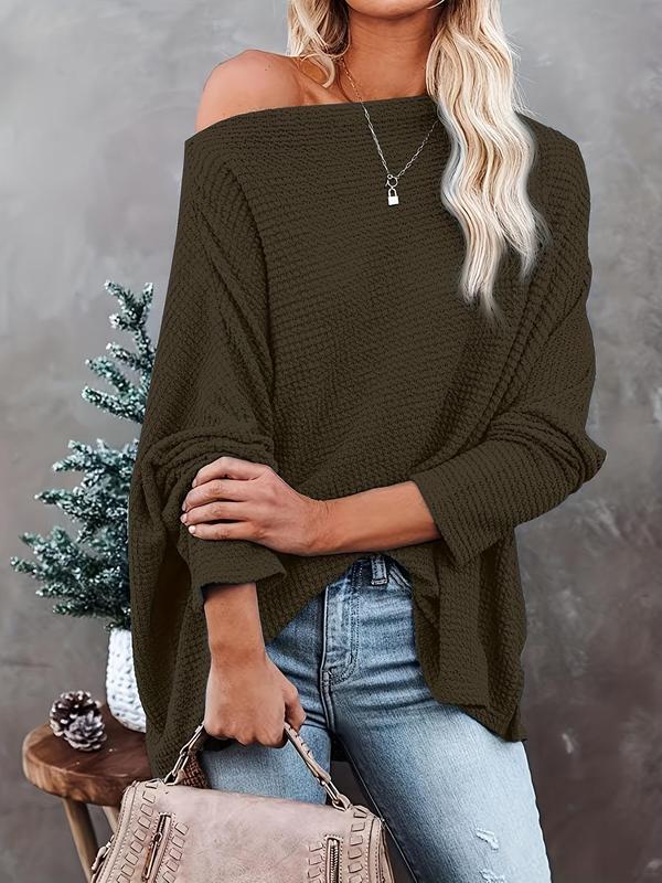  Solid Textured Asymmetrical Neck Batwing Sleeve Sweater, Casual Long Sleeve Jumper for Daily Outdoor Wear, Sweaters for Women, Women Plus Clothing for All Seasons, Going Out Outfits 2024