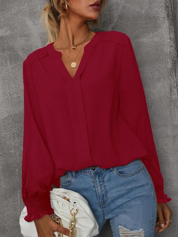 Women's Plain V Neck Long Sleeve Blouse, Casual Solid Top for Fall & Winter, Women's Clothing for Daily Wear