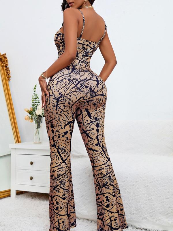 Women's All Over Print Backless Flare Leg Cami Jumpsuit, Casual Adjustable Spaghetti Strap Bell Bottom Jumpsuit for Daily Wear, Ladies Clothes for All Seasons