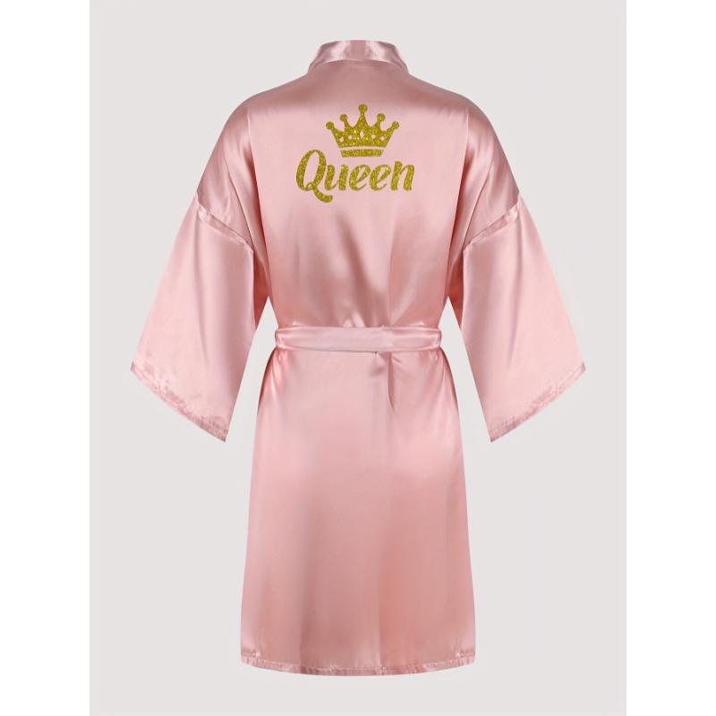 Queenly Chic - 3 4 Sleeve V-Neck Night Robe with Belt, Soft Womens Sleepwear featuring Letter Pattern for a Stylish Evening Comfort