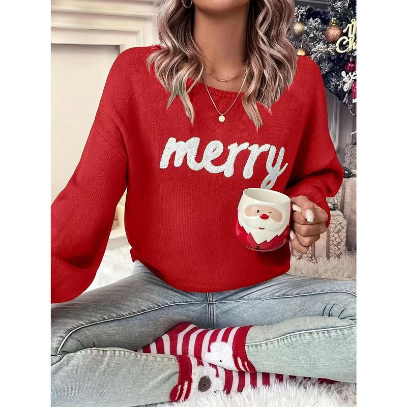 Women Christmas Cute Sweaters Casual Letter Embroidery Comfy Warm Long Sleeve Pullover Basic Knitwear for Streetwear Womenswear Fashion