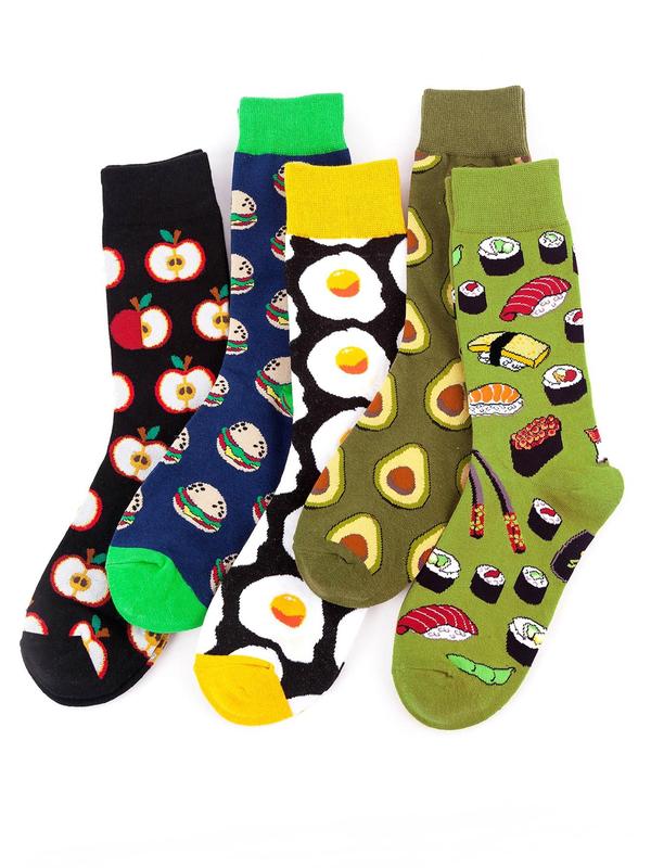 Women's 5 Pairs Cartoon Food Print Crew Socks, Fashion Casual Socks for Daily Outdoor Wear, Women Socks for All Seasons