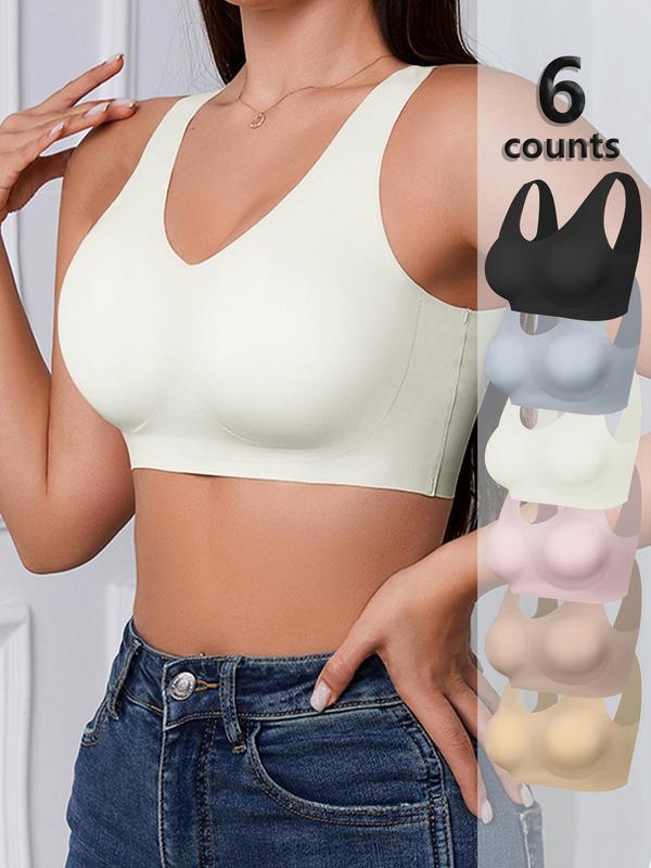  Solid Color Wireless Push Up Bra, Soft Comfy Breathable Buckleless V Neck Lingerie Top, Women's Lingerie for All Seasons