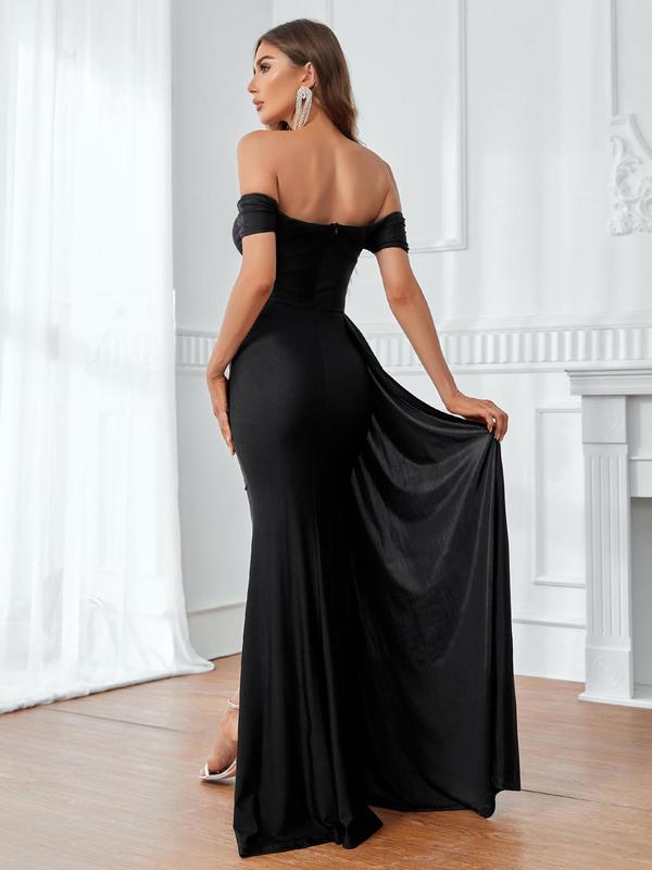 Women's Off Shoulder Split Thigh Bodycon Evening Dress, Elegant Asymmetrical Maxi Dress for Party Cocktail Prom, Women's Clothing for Summer  for Christmas