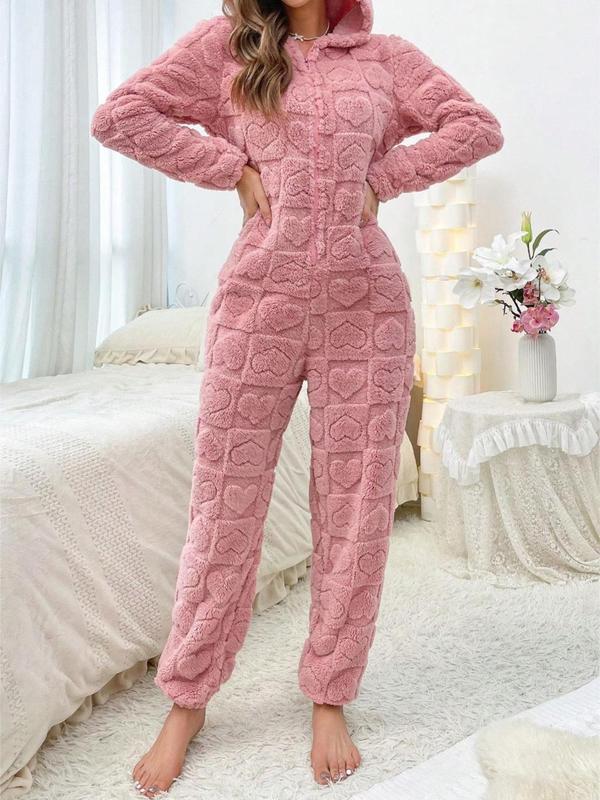 Women's Heart Jacquard Zip Up Hooded Sleep Jumpsuit, Casual Long Sleeve Jumpsuit for Fall & Winter, Women's Sleepwear for Indoor Wear