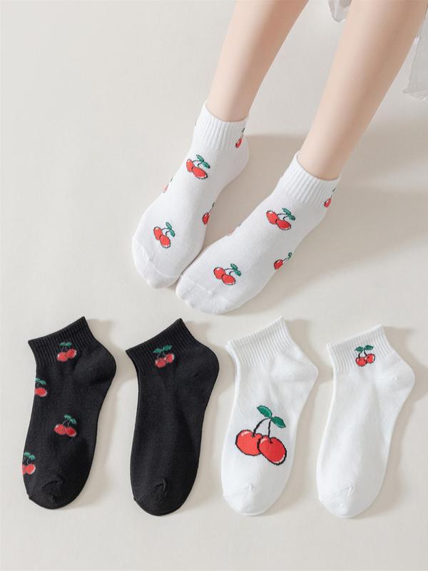 Women's 5 Pairs Cute Cherry Print Ankle Socks, Summer 2024 Casual Moisture Wicking Knit Socks, Soft Comfy Breathable Socks For Summer Daily Wear