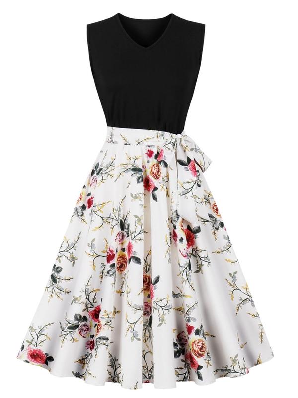 Women's Floral Patchwork Print V Neck Vintage A Line Dress, Elegant Sleeveless Belted Knee Length Dress for Party Holiday Wedding Guest, Ladies Summer Clothes