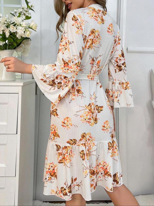 Women's Floral & Leaf Print Ruffle Trim Bathrobe, Elegant Long Sleeve Dressing Gown, Soft Comfortable Bathrobe for Home Spa