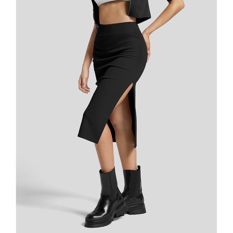 Halara Ribbed High Waisted Split Bodycon Midi Casual Skirt