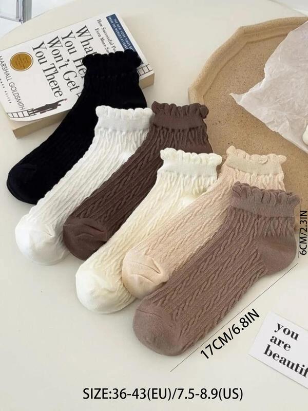 Women's 6 Pairs Solid Textured Frill Ankle Socks, Comfort Cozy Cable Knit Crew Socks, Low Cut Comfort Breathable Socks, Multi-pack Plain Socks for Women, Women's Socks & Hosiery