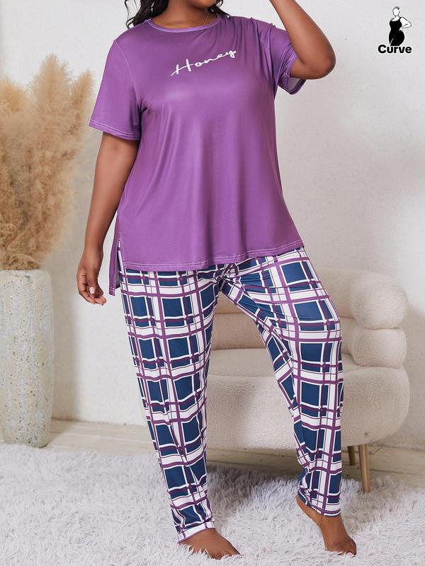 Two-Piece Set  Graphic High Low Split Hem Tee & Pants Pyjama Set, Casual Comfy Round Neck Short Sleeve T-Shirt & Elastic Waist Trousers PJ Set, Women's Sleepwear for All Seasons