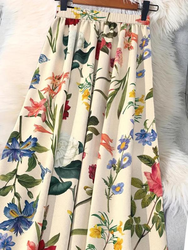  Floral Print Elastic Waist Skirt, Casual Fashion Long Flared Skirt for Daily Outdoor Wear, Women Plus Clothing for All Seasons