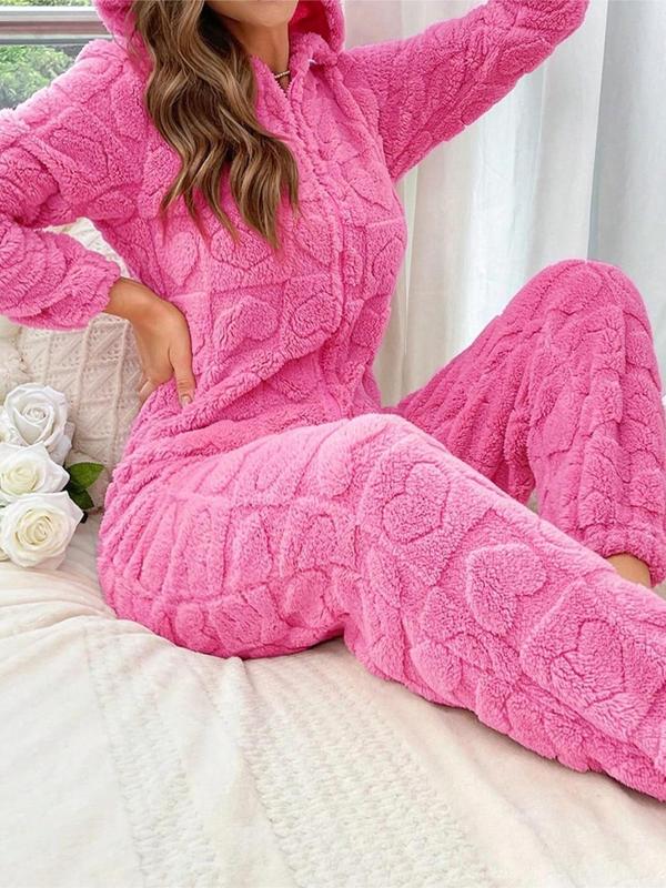 Women's Heart Jacquard Zip Up Hooded Sleep Jumpsuit, Casual Long Sleeve Jumpsuit for Fall & Winter, Women's Sleepwear for Indoor Wear