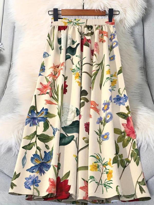  Floral Print Elastic Waist Skirt, Casual Fashion Long Flared Skirt for Daily Outdoor Wear, Women Plus Clothing for All Seasons