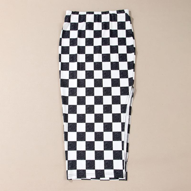 White Checkered Print Side Slit High Waist Midi Skirt-Checkerboard Slit Skirt Women Casual Midi Skirt Trendy and Comfortable