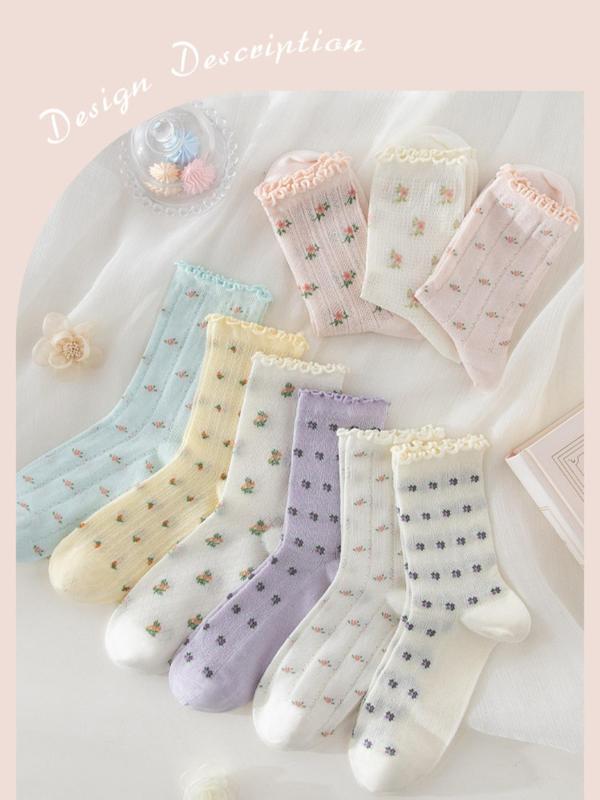 Women's Ditsy Floral Print Lettuce Trim Crew Socks, Soft Comfy Breathable Moisture Wicking Socks, Socks for All Seasons Daily Wear