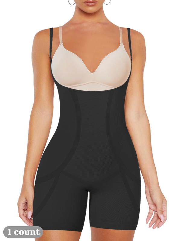 Women's Solid Adjustable Strap Open Bust Shapewear Romper, High Stretch Tummy Control Shapewear Bodysuit, Ladies Shaper for All Seasons