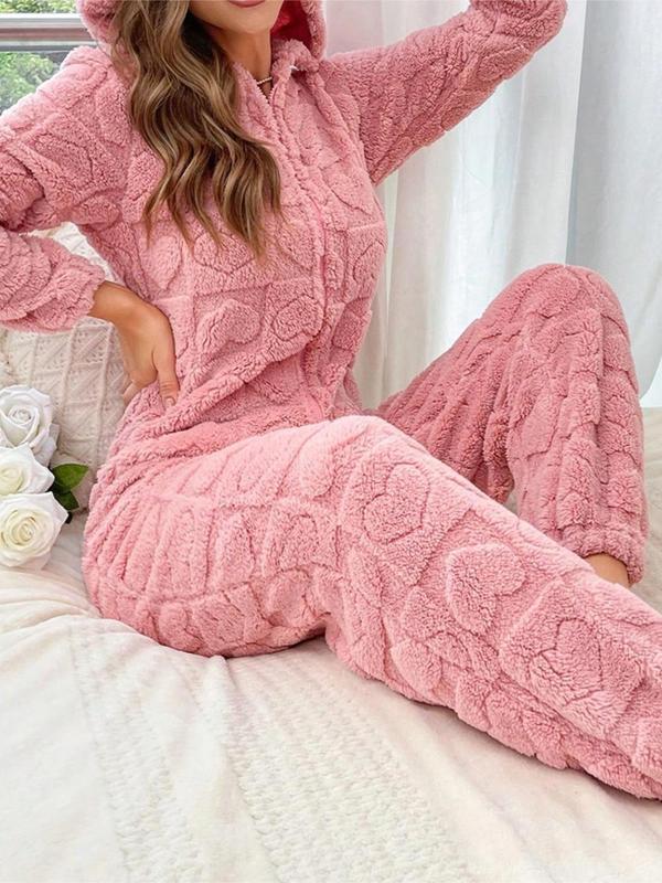 Women's Heart Jacquard Zip Up Hooded Sleep Jumpsuit, Casual Long Sleeve Jumpsuit for Fall & Winter, Women's Sleepwear for Indoor Wear