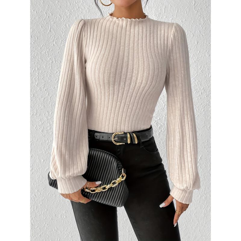 Solid Mock Neck Rib Knit Bodysuit, Elegant Long Sleeve Bodysuit, Women's Clothing