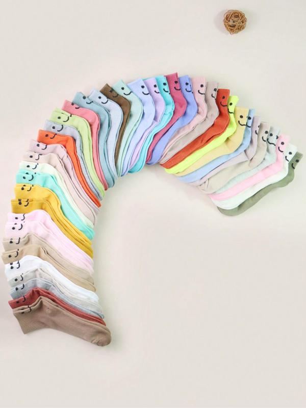 Women's Random Color Cartoon Face Print Ankle Socks, Cute Comfy Breathable Socks, Multipack Knit Socks for All Seasons