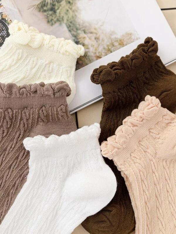 Women's 6 Pairs Solid Textured Frill Ankle Socks, Comfort Cozy Cable Knit Crew Socks, Low Cut Comfort Breathable Socks, Multi-pack Plain Socks for Women, Women's Socks & Hosiery