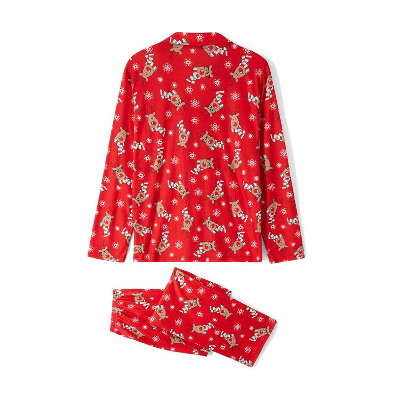 Red Family Matching Christmas Pajamas Sets, Deer Snowflake Print Lapel Long Sleeve Tops + Elastic Waist Long Pants Loungewear Set