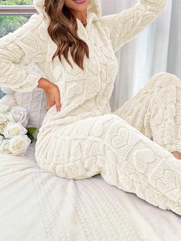 Women's Heart Jacquard Zip Up Hooded Sleep Jumpsuit, Casual Long Sleeve Jumpsuit for Fall & Winter, Women's Sleepwear for Indoor Wear