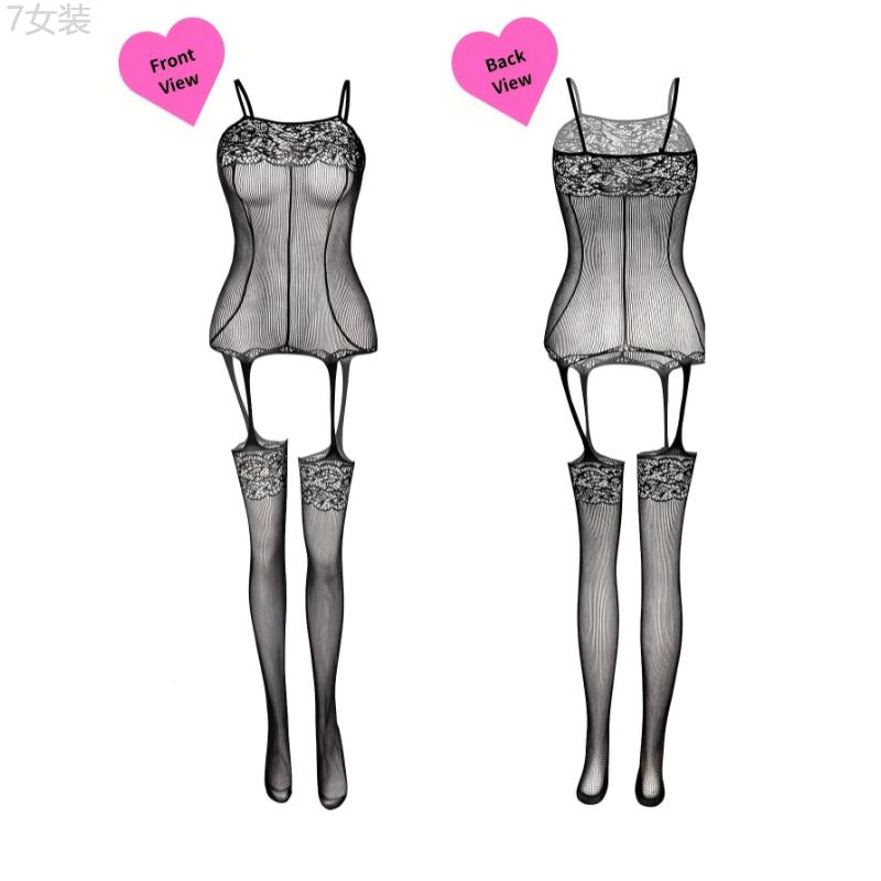 4pcs Plus Size Lace Fishnet Bodystockings, Sexy Stretchy Open Crotch Nightwear Bodysuit for Romantic Date Wearing