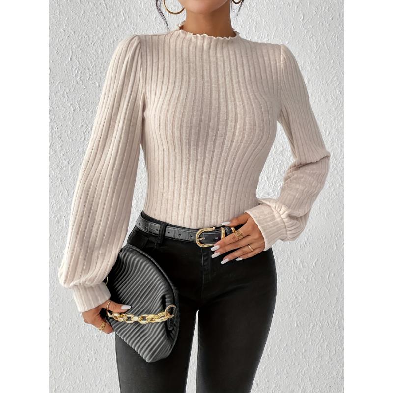 Solid Mock Neck Rib Knit Bodysuit, Elegant Long Sleeve Bodysuit, Women's Clothing