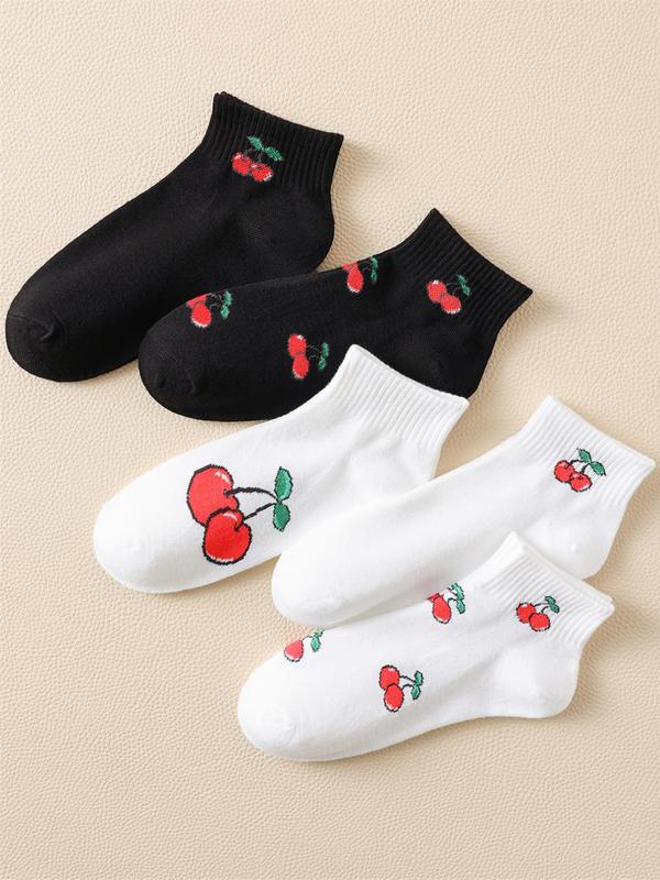 Women's 5 Pairs Cute Cherry Print Ankle Socks, Summer 2024 Casual Moisture Wicking Knit Socks, Soft Comfy Breathable Socks For Summer Daily Wear