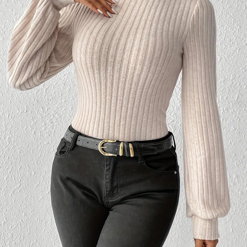 Solid Mock Neck Rib Knit Bodysuit, Elegant Long Sleeve Bodysuit, Women's Clothing