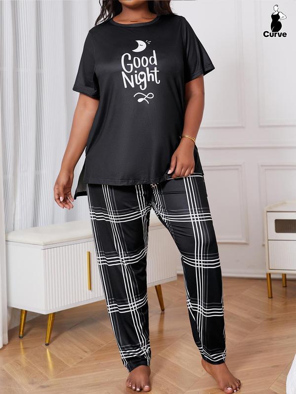 Two-Piece Set  Graphic High Low Split Hem Tee & Pants Pyjama Set, Casual Comfy Round Neck Short Sleeve T-Shirt & Elastic Waist Trousers PJ Set, Women's Sleepwear for All Seasons