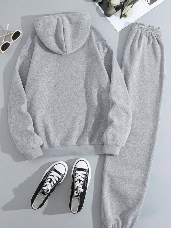  Letter Print Hoodie & Sweatpants Set, Casual Long Sleeve Hooded Sweatshirt & Jogger Pants, Women's Fall & Winter Clothes for Daily Wear