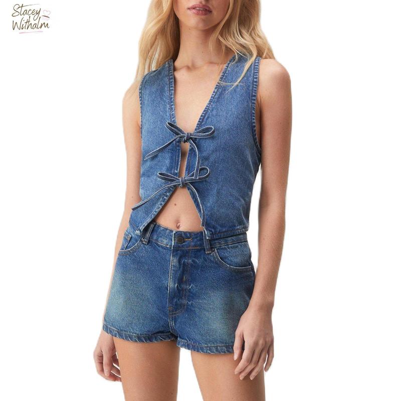 Women Denim Tank Tops Solid Color Front Tie-Up Casual Vests Summer Fashion Sleeveless Tops Streetwear Cotton Polyester Womenswear Check Light Tube