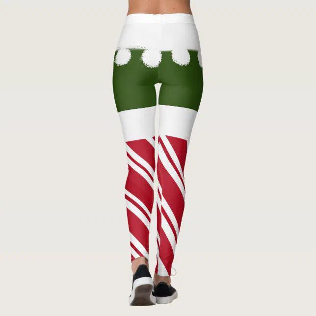 Cute Christmas Elf Candy Cane White Furry Tassels Leggings