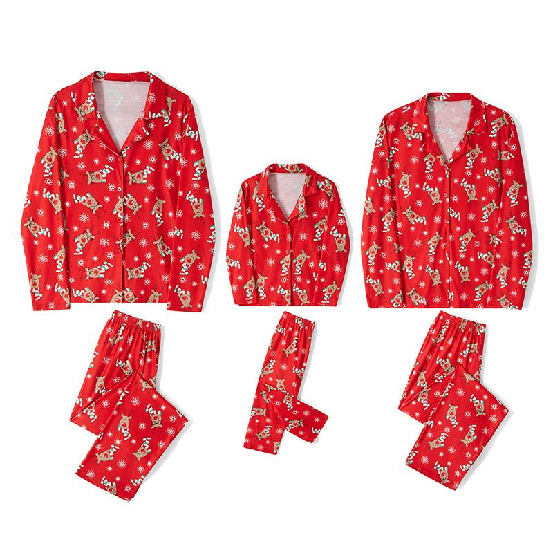 Red Family Matching Christmas Pajamas Sets, Deer Snowflake Print Lapel Long Sleeve Tops + Elastic Waist Long Pants Loungewear Set