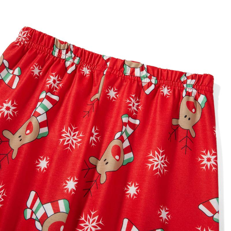 Red Family Matching Christmas Pajamas Sets, Deer Snowflake Print Lapel Long Sleeve Tops + Elastic Waist Long Pants Loungewear Set