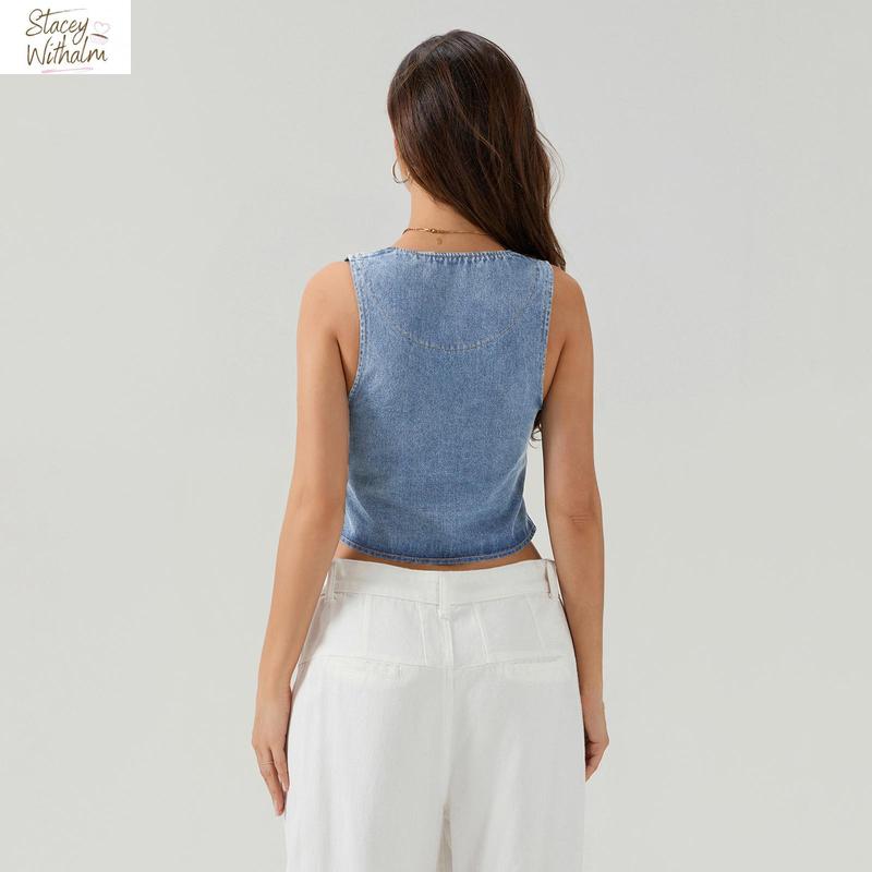 Women Denim Tank Tops Solid Color Front Tie-Up Casual Vests Summer Fashion Sleeveless Tops Streetwear Cotton Polyester Womenswear Check Light Tube