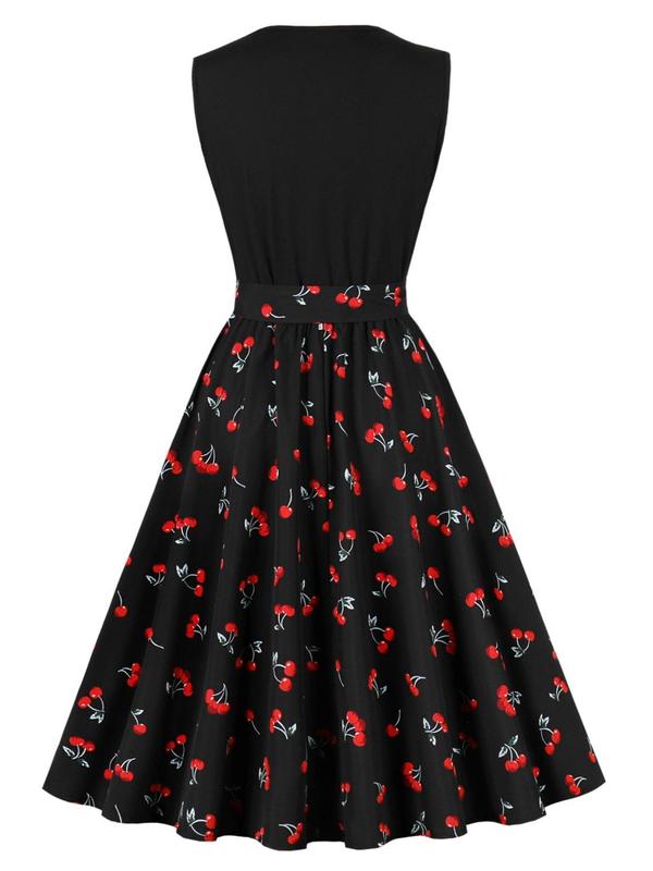 Women's Floral Patchwork Print V Neck Vintage A Line Dress, Elegant Sleeveless Belted Knee Length Dress for Party Holiday Wedding Guest, Ladies Summer Clothes