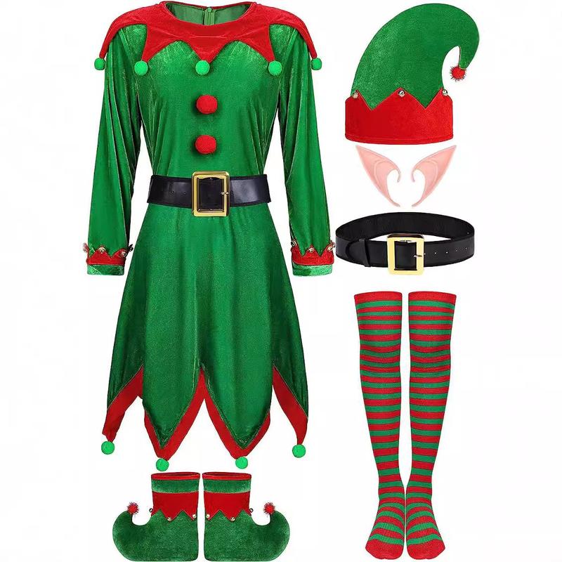 6 Pack Christmas Elf Costume for Women,Velvet Dress Cosplay Outfit with Belt Socks Elf Hat Shoes Ears