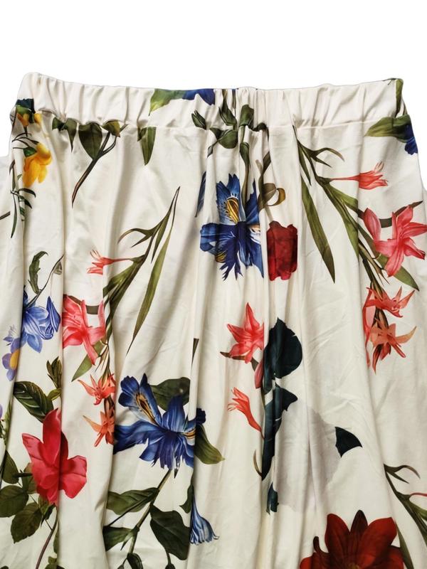  Floral Print Elastic Waist Skirt, Casual Fashion Long Flared Skirt for Daily Outdoor Wear, Women Plus Clothing for All Seasons